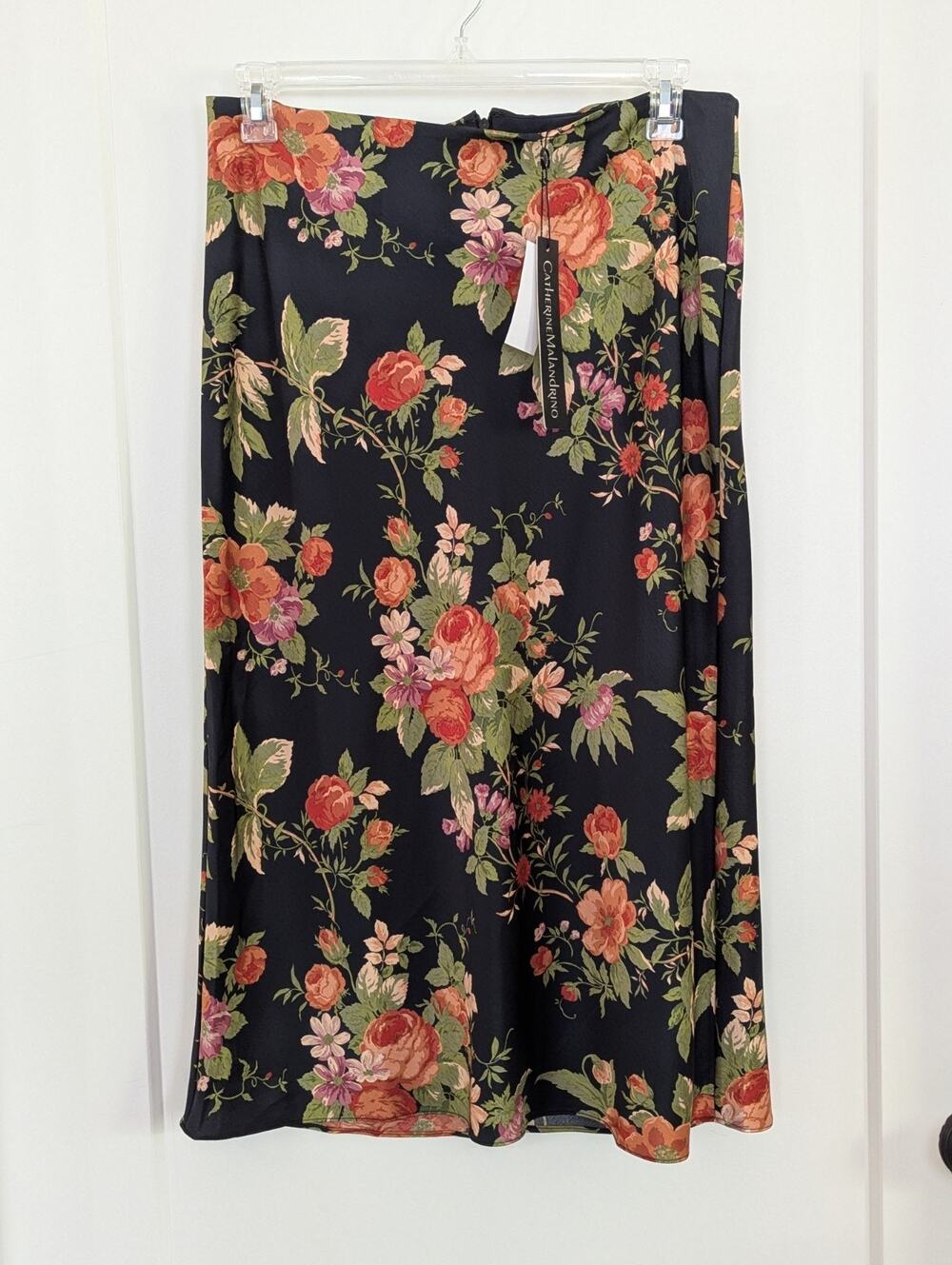 Catherine Malandrino Womens L Black Satin Floral Midi Skirt Feminine Romantic